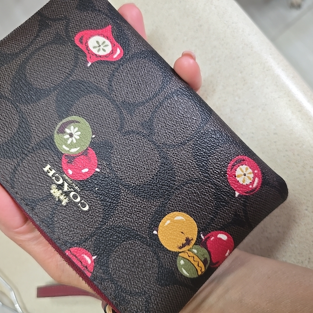 Coach Brown and Red Key Card Holder with Signature Style